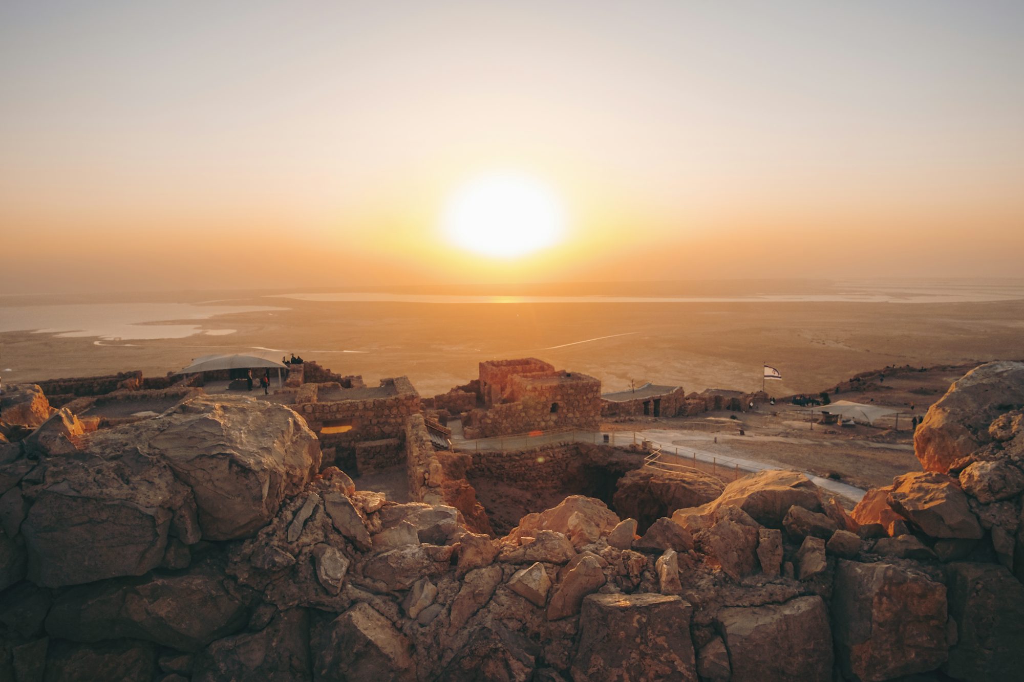 Masada fortress at sunrise overlooking the Dead Sea